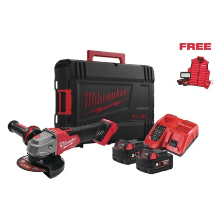 M18 FSAG125XBMC-502X – MILWAUKEE M18 FSAG125XB + TORCIA M18 ALIS E GILET, 2 BATTERIE 18V 5 AH, CARICABATTERIE