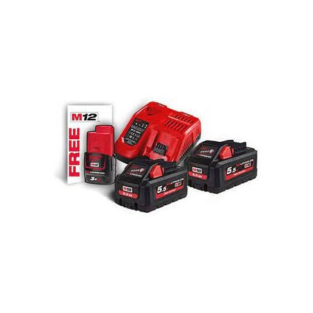ENERGY KIT - MILWAUKEE M18 CON 2  BATTERIE 5.5 AH, 1  CARICABATTERIE RAPIDO, 1 BATTERIA M12 3.0 AH